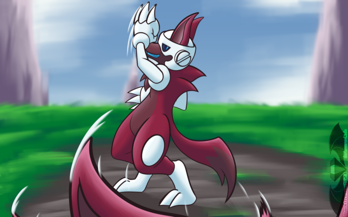 A Southpaw Cassette Beast, which is a maroon anthropomorphic wolf with a metal boxing helmet and gloves with spikes on the knuckles, stands triumphantly after delivering a left handed uppercut against another southpaw whose ears are barely visible in front of the viewer as they fall down. They're in a grassy area with a cloudy blue sky behind them. The floor around them is devoid of grass, perhaps implying duels between beasts happen here often.