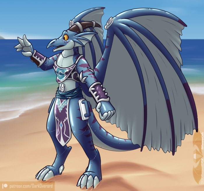 A blue dracthyr on a beach looking in surprise at their now puffy inflatable hand as they're suddenly hollow and inflatable!