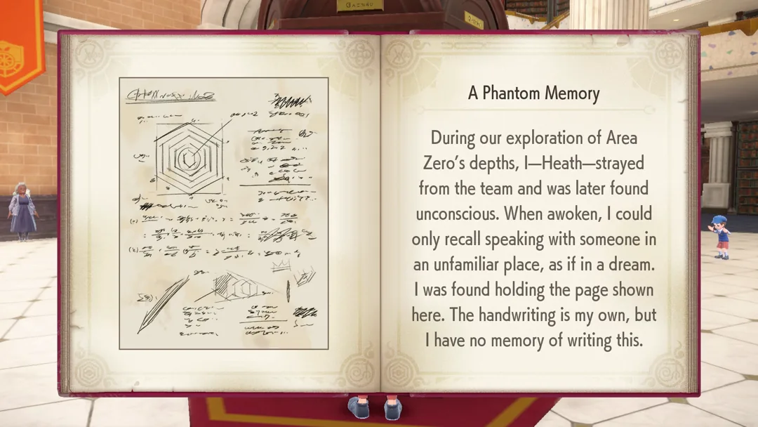 Screenshot of Sokémon Scarlet showing the page "A Phantom Memory" filled with sketches of hexagons and handwriting. Text is transcribed below the image