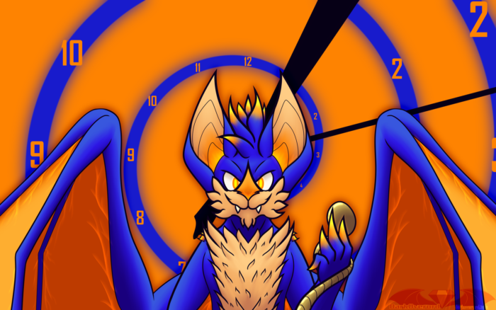 Ferris, a blue and orange anthropomorphic bat, smiling at the viewer whole holding a watch in their left hand. In the background, a clock spirals inwards on a blue line against an orange background