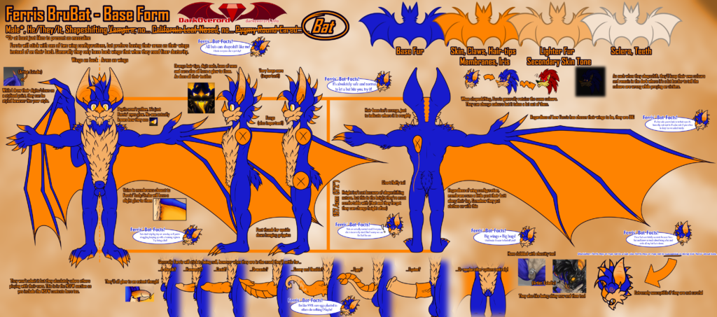 A NSFW character reference sheet for Ferris BruBat, a blue and orange bat.