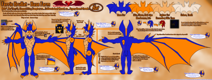 A character reference sheet for Ferris BruBat, a blue and orange bat.