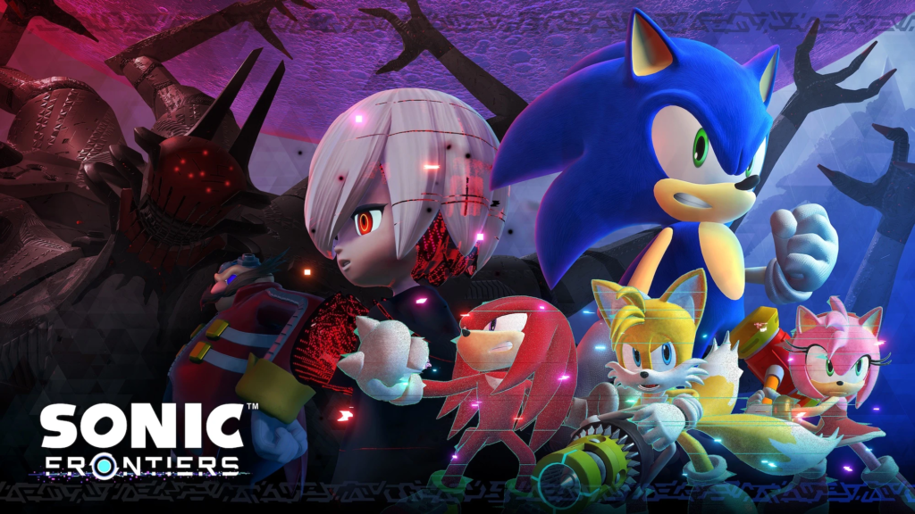 The key art for Sonic Frontier's "The Final Horizon" update. It features Sage and Sonic centrally, with Dr. Eggman, Knuckles, Tails and Amy. In the background is the final Titan, Supreme.