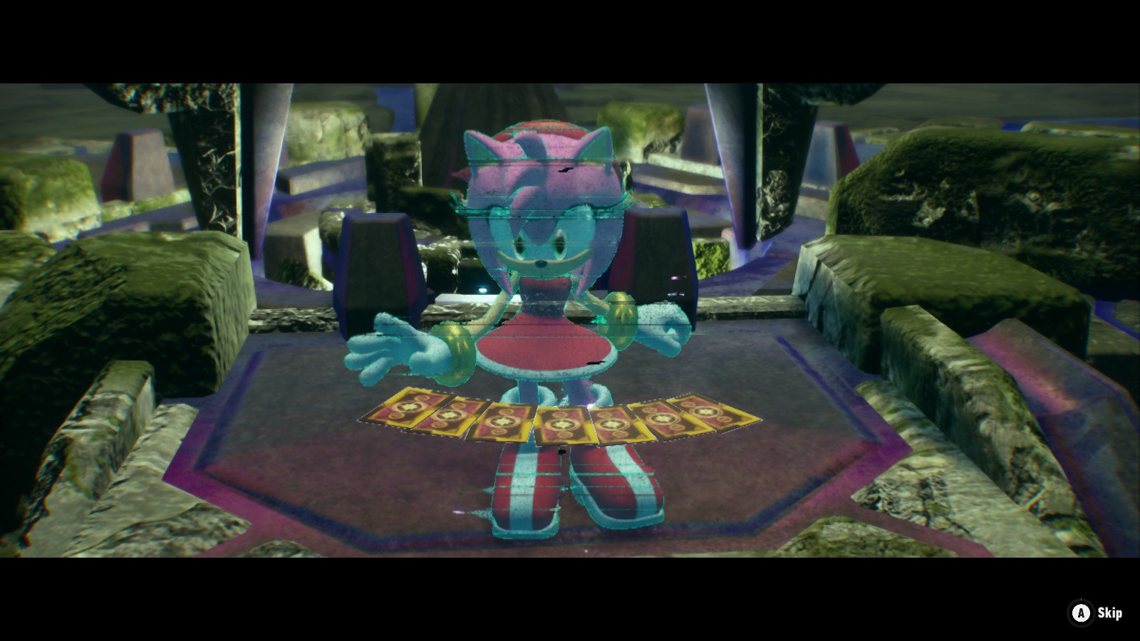 A screenshot of Sonic Frontiers, featuring Amy laying out her fortune cards in mid air