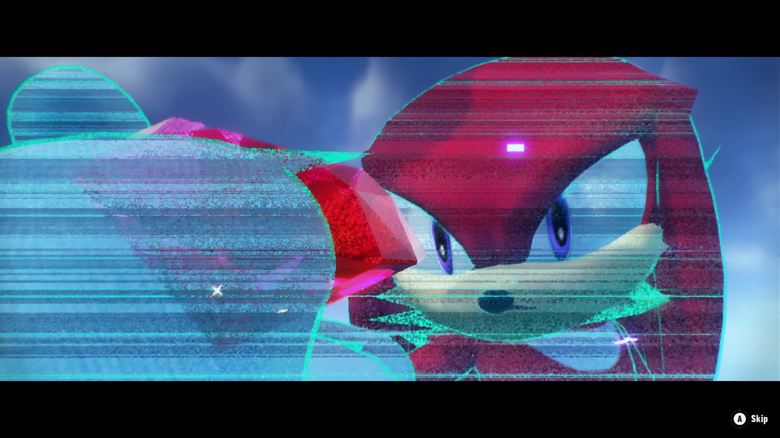 A screenshot of Sonic Frontiers, showing Knuckles obtaining the red Chaos Emerald