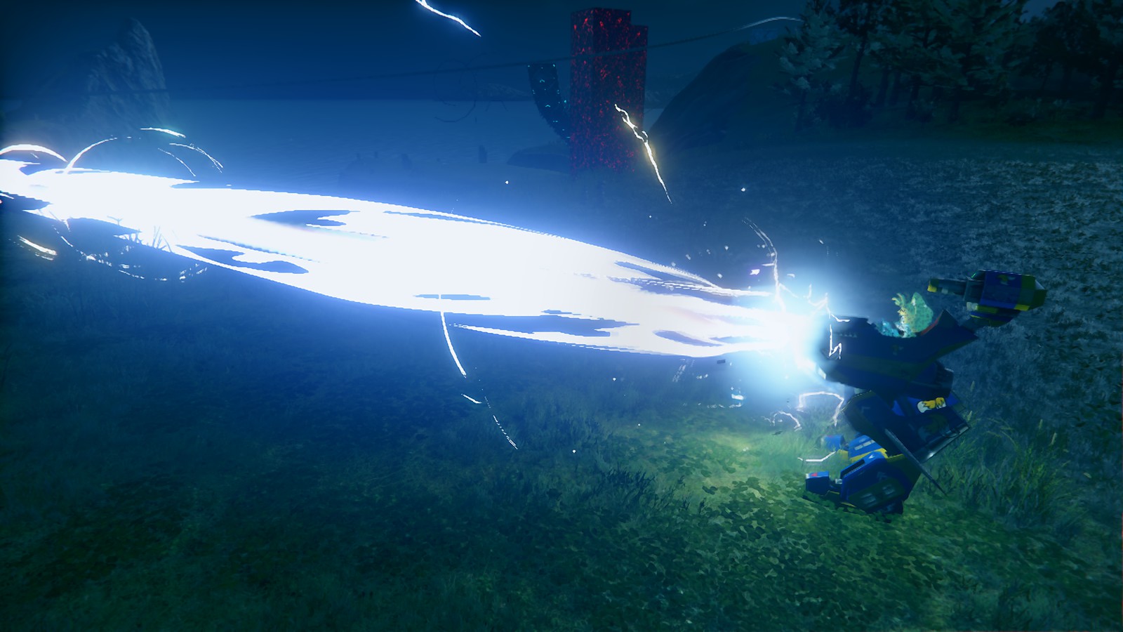 A screenshot of Sonic Frontiers, featuring Tails in his Cyclone mech firing the Power Laser, now named Cyclone Laser.
