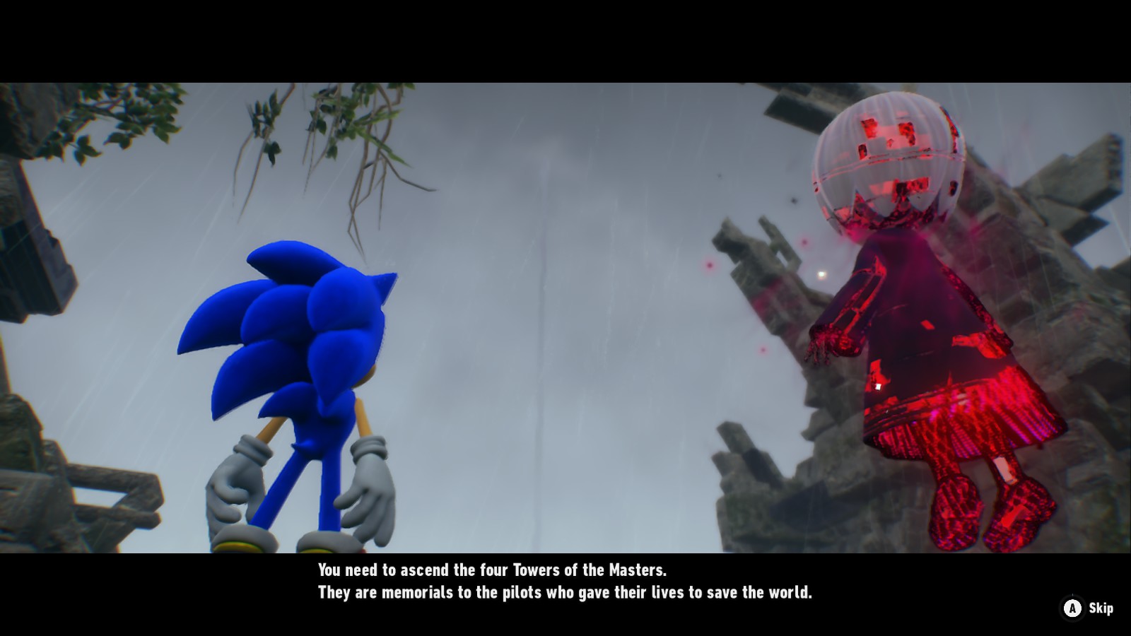 A screenshot of Sonic Frontiers featuring Sonic and Sage looking at the distance of a faint tower behind rain and clouds. Sage's dialogue reads: "You need to ascend the four Towers of the Masters. They are memorials to the pilots who gave their lives to save the world."