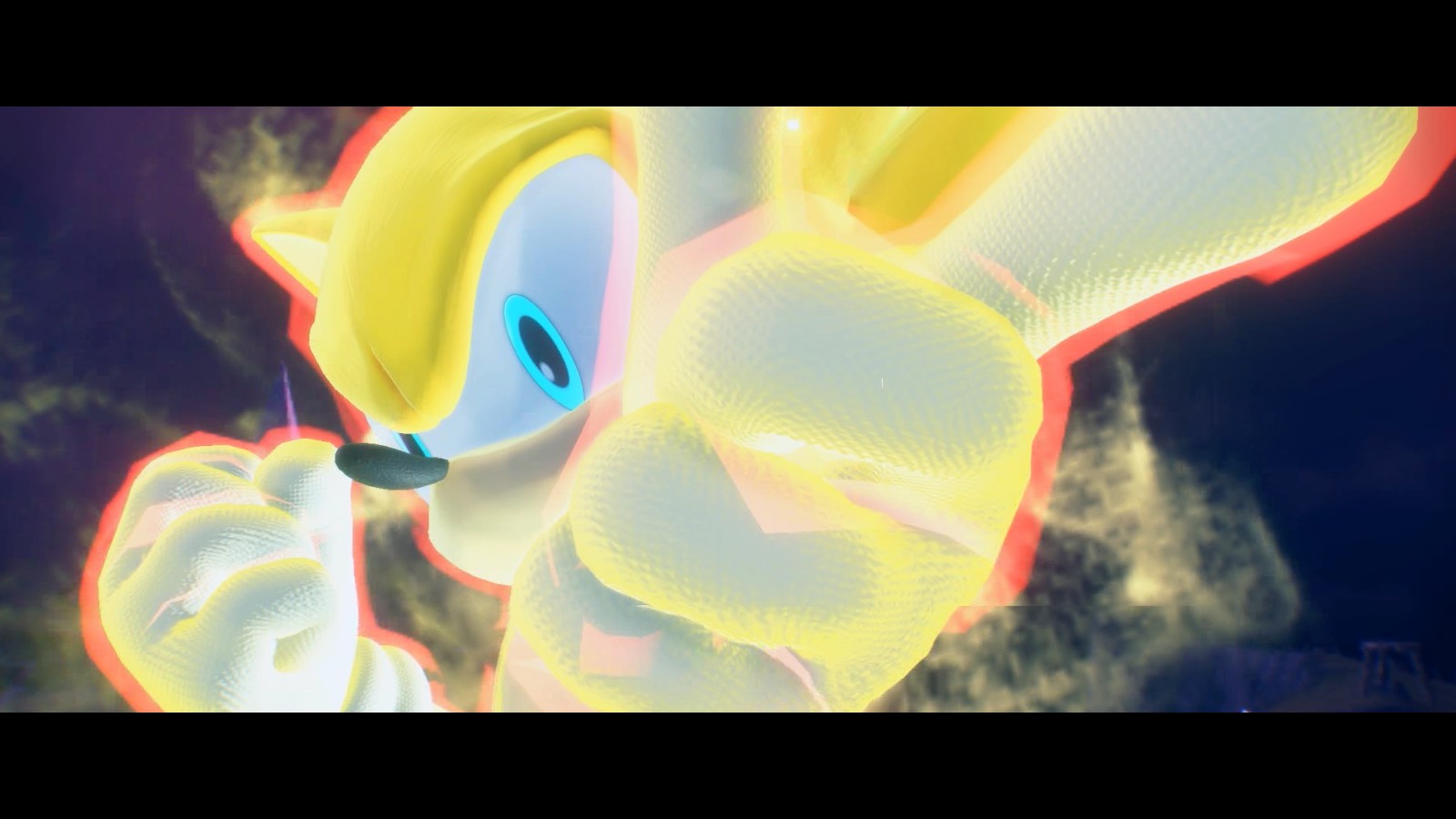 A screenshot of Sonic Frontiers featuring Super Sonic menacingly pointing at the screen. His face now visible with an intense glare at the viewer with his right first raised.