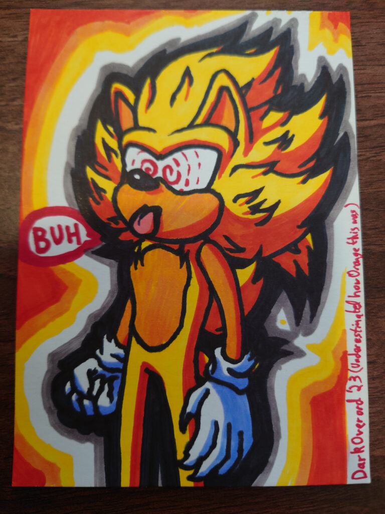 A photo of a traditional art piece of Super Sonic from Fleetway's Sonic the Comic. They are blepping and saying buh