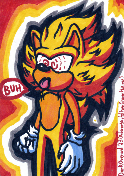 A scanned traditional art piece of Super Sonic from Fleetway's Sonic the Comic. They are blepping and saying buh