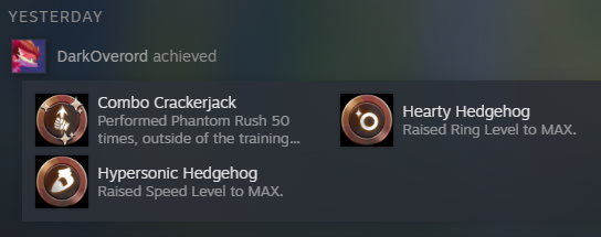 A screenshot of Steam showing DarkOverord earning three achievements: Hypersonic Hedgehog - Raised Speed Level to MAX. Hearty Hedgehog - Raised Ring Level to MAX. Combo Crackerjack - Performed Phantom Rush 50 times, outside of the training simulator.