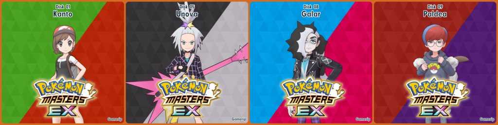 Mocked up album art for the Pokémon Masters EX Gamerip OST, from left to right: Kanto with Elaine from Pokémon Lets Go! Pikachu and Pokémon Lets Go! Eevee Unova with Sygna Suit Roxie from Pokémon Black 2 and Pokémon White 2 Galar with Sygna Suit Piers from Pokémon Sword and Pokémon Shield Paldea with Penny from Pokémon Scarlet and Pokémon Violet