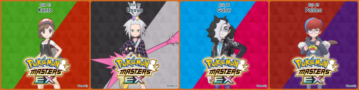 Mocked up album art for the Pokémon Masters EX Gamerip OST, from left to right: Kanto with Elaine from Pokémon Lets Go! Pikachu and Pokémon Lets Go! Eevee Unova with Sygna Suit Roxie from Pokémon Black 2 and Pokémon White 2 Galar with Sygna Suit Piers from Pokémon Sword and Pokémon Shield Paldea with Penny from Pokémon Scarlet and Pokémon Violet