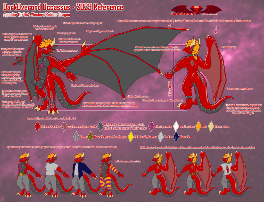 A NSFW reference sheet for DarkOverord Occassus, a red anthropomorphic western rubber dragon.