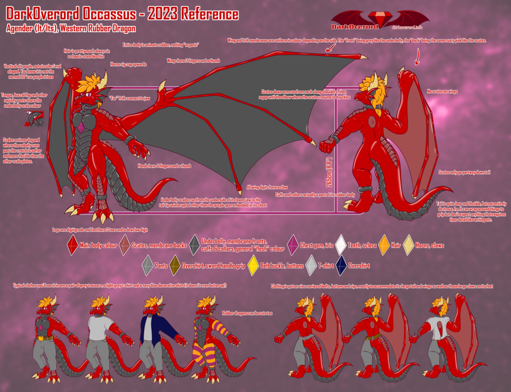 A reference sheet for DarkOverord Occassus, a red anthropomorphic western rubber dragon.