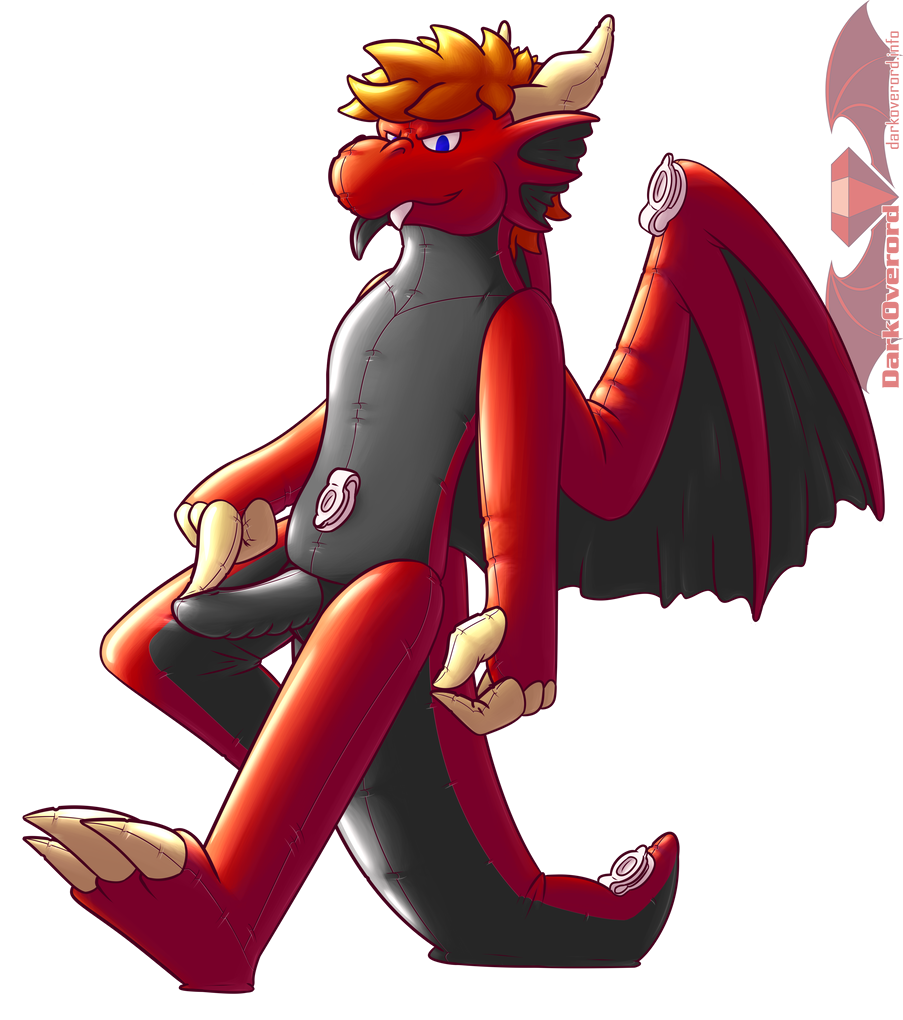 DarkOverord, a red and black inflatable dragon toy, leaning back on its tail with one leg forward. It is looking at the viewer mischievously as it points to its cock with one hand, pressing its finger on it a little, and with the other OH GOD DAMMIT DO NOT THAT GAME