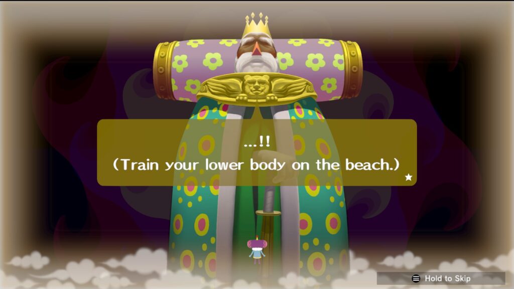 A screenshot of We Love Katamari of the King's Memories where his father tells him to train his lower body on the beach