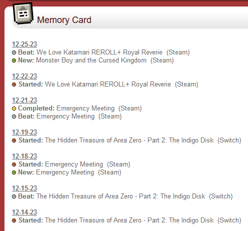 A screenshot of DarkOverord's Backloggery Memory card, showing more games than Logo for We Love Katamari REROLL+ Royal Reverie have been beaten