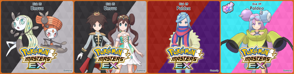 Mocked up album art for the Pokémon Masters EX Gamerip OST, from left to right: Unova with Meloetta's two forms from Pokémon Black, Pokémon White, Pokémon Black 2 and Pokémon White 2 Unova with Champion Nate and Rosa from Pokémon Black 2 and Pokémon White 2 Paldea with Gusha from Pokémon Scarlet and Pokémon Violet Paldea with Iono from Pokémon Scarlet and Pokémon Violet, with the colours being her signature coloure scheme instead of Scarlet and Violet's