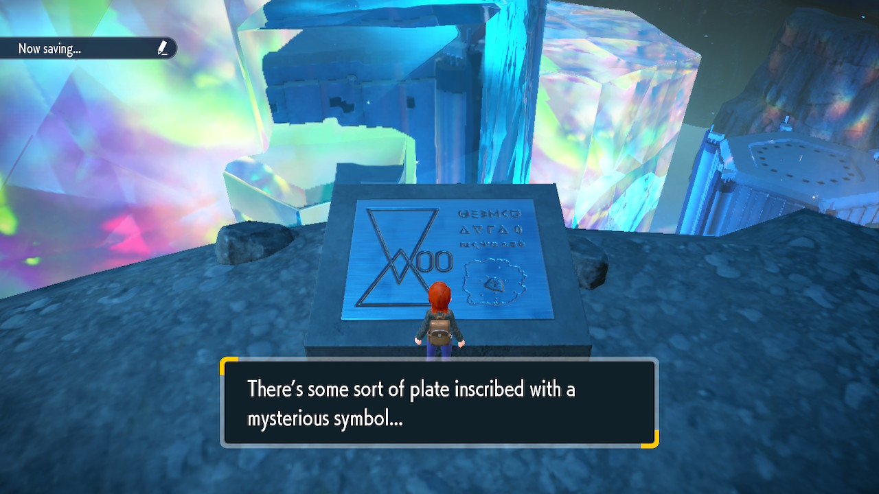 A screenshot of Pokémon Violet of the player looking at a plate with a "mysterious symbol"