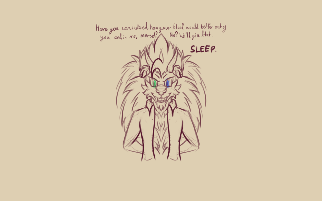 A rather fangy Simon, a hedgehog being very normal about how you should consider your blood would be better in them and that you should SLEEP They look very menacing.