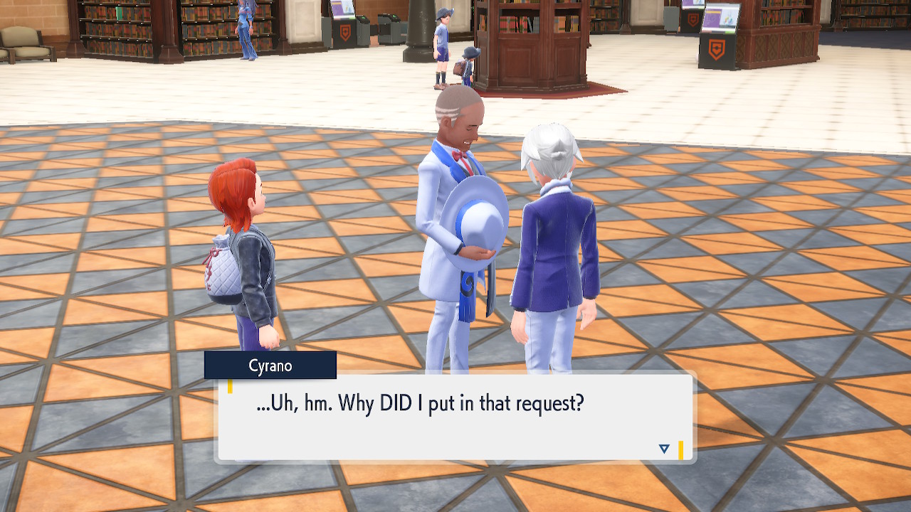 A screenshot taken from Pokémon Violet of Director Cyrano saying "...Uh, hm. Why DID I put in that request?"