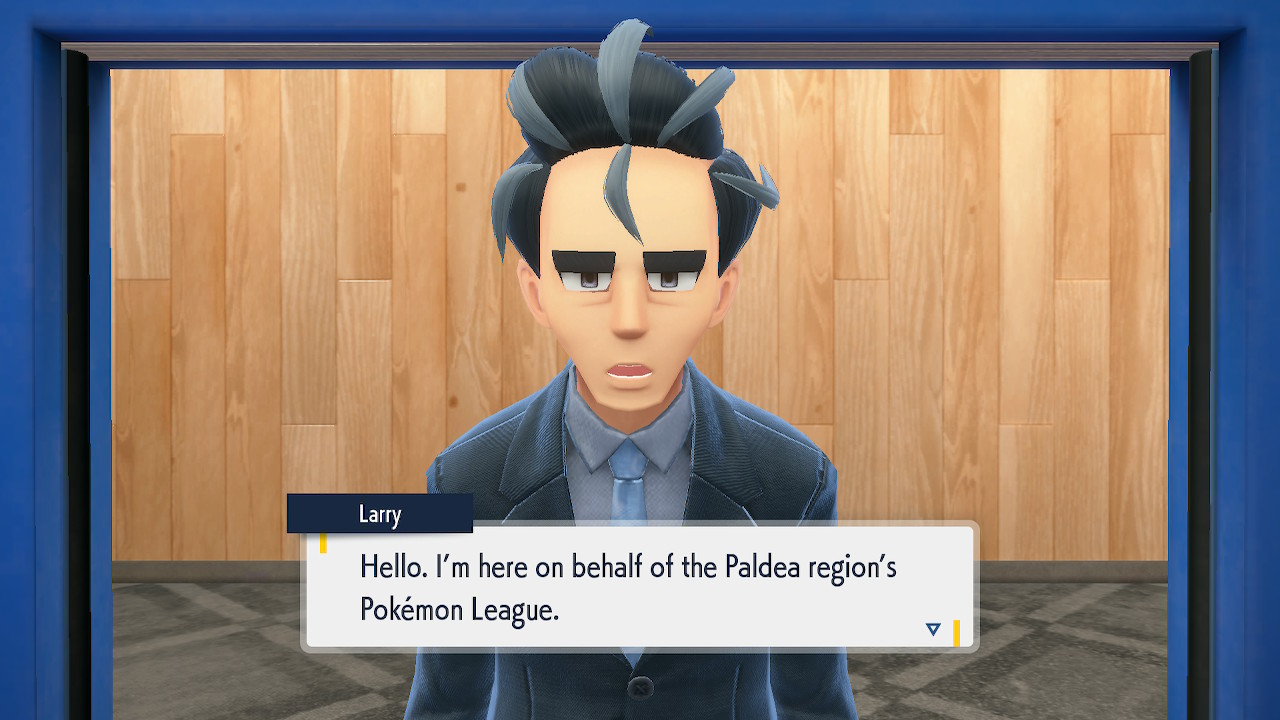 A screenshot of Pokémon Violet of Larry entering the BB League club room saying "Hello. I'm here on behalf of the Paldea region's Pokémon League"