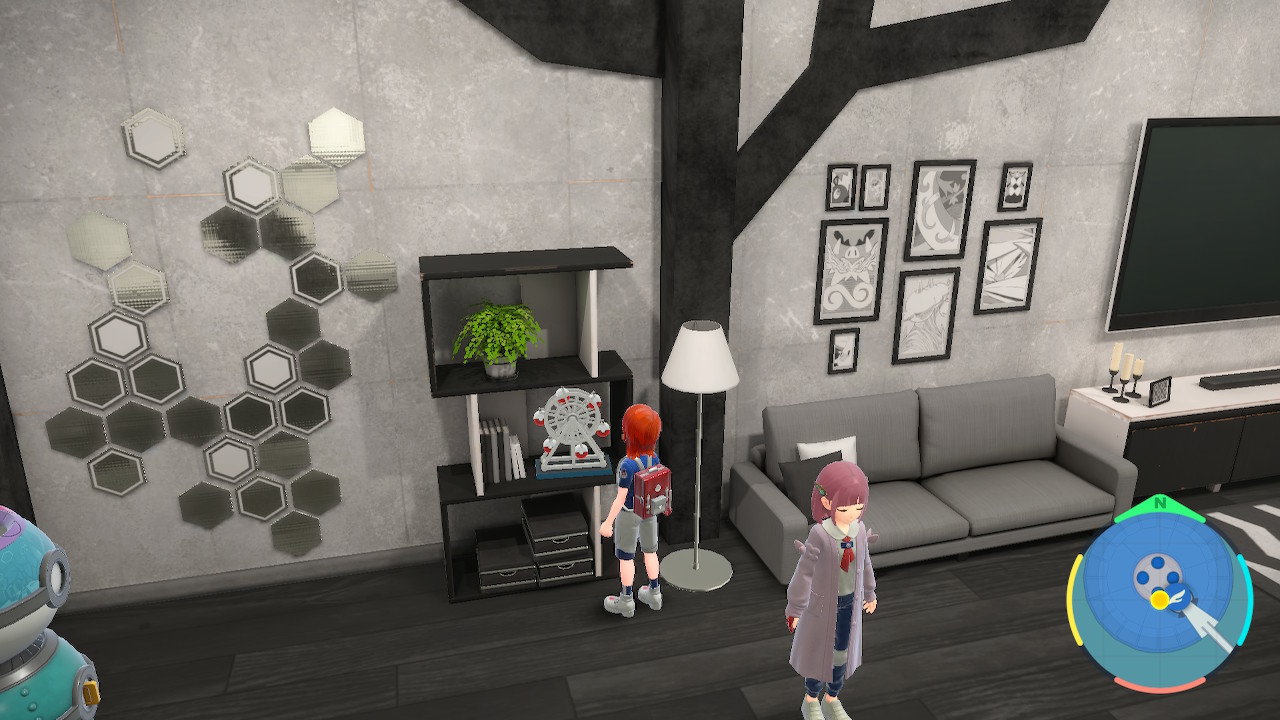 A screenshot of Pokémon Violet of the BB League club room in the monochromatic theme. There are some shelves and a familiar looking Ferris Wheel ornament