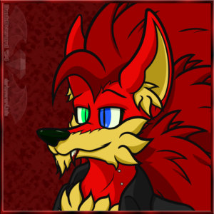 An icon for a red hedgehog vampire. Simon is looking pretty smug and sated! There's extremely pale holes in its neck where clearly there used to be blood! There's blood on its fangs though!