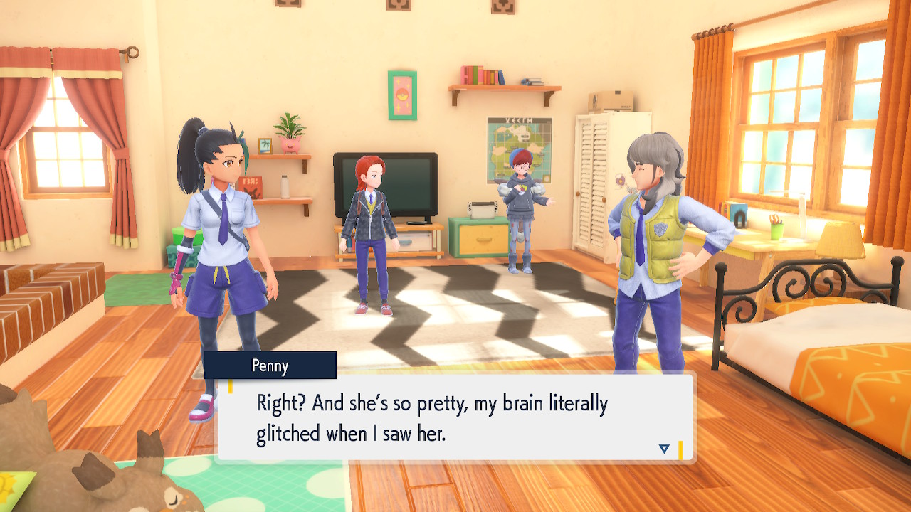 A screenshot of Pokémon Violet of the original three paths co-stars in the player's bedroom. They were having a discussion about the player's mother to which Penny comments "Right? And she's so pretty, my brain literally glitched when I saw her.