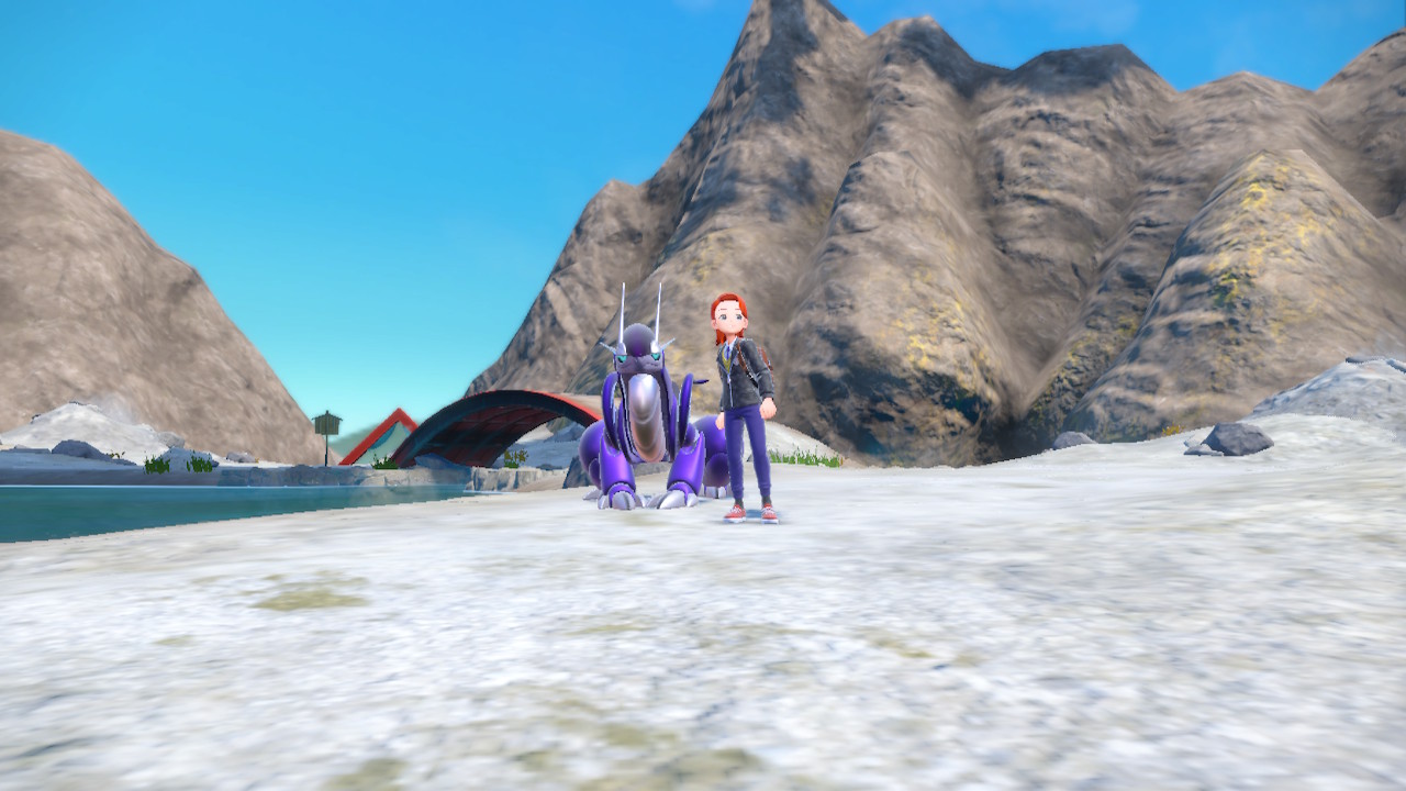 A screenshot of Pokémon Violet of the player and Miraidon standing at the Crystal Pool in Kitakami. Miraidon looks sad while the player is looking around.