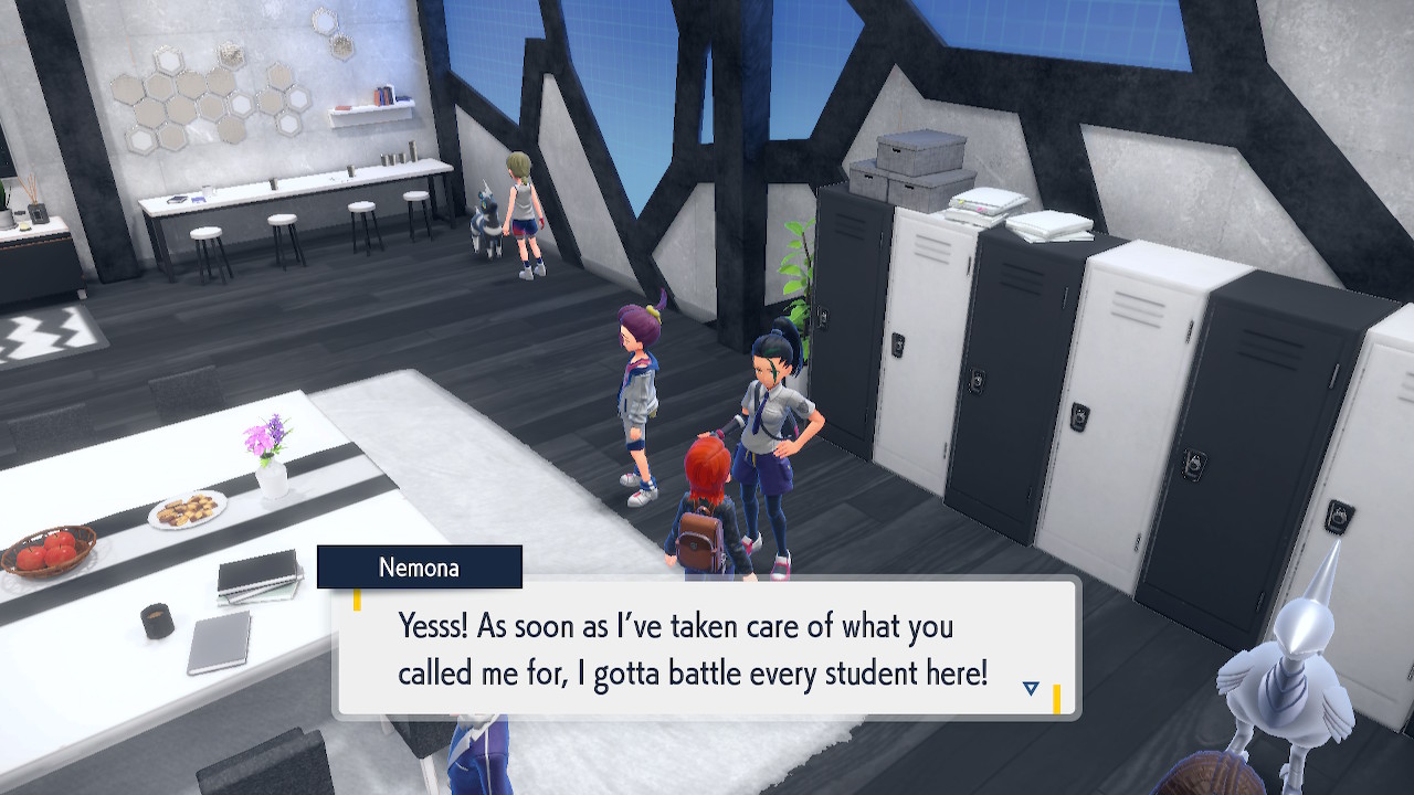 A screenshot of Pokémon Violet of Nemona in the BB League club room saying "Yesss! As soon as I've taken care of what you called me for, I gotta battle every student!"