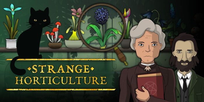 Banner art for Strange Horticulture featuring the logo, a cat, some plants and two (very early game) characters