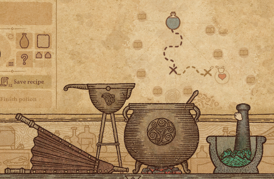A screenshot of Potion Craft showing grinding an ingredient to extend their path on the map. It also shows the four basic pieces equipment that you use. The bellows, a base liquid pourer, the cauldron & ladle, and the mortar & pestle 