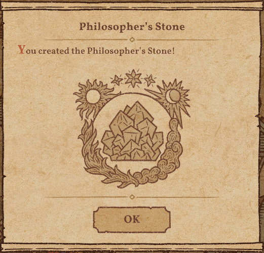 A screenshot of Potion Craft with a pop up screen for the first time the Philosopher's Stone is made