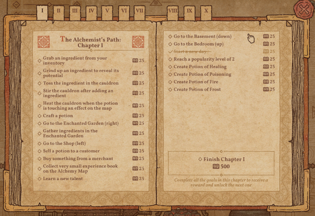 A screenshot of Potion Craft, showing Chapter 1 of The Alchemist's Path.