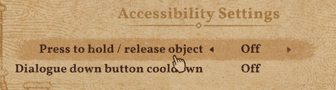 A screenshot of Potion Craft, showing the two accessibility options in game