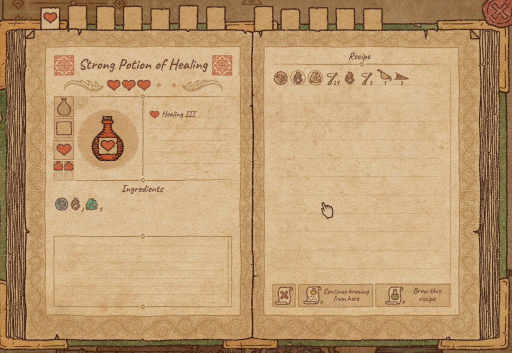 A screenshot of Potion Craft, showing a saved recipe for a Strong Potion of Healing
