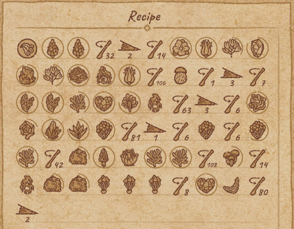 A screenshot of Potion Craft, showing a saved recipe which is quite complicated