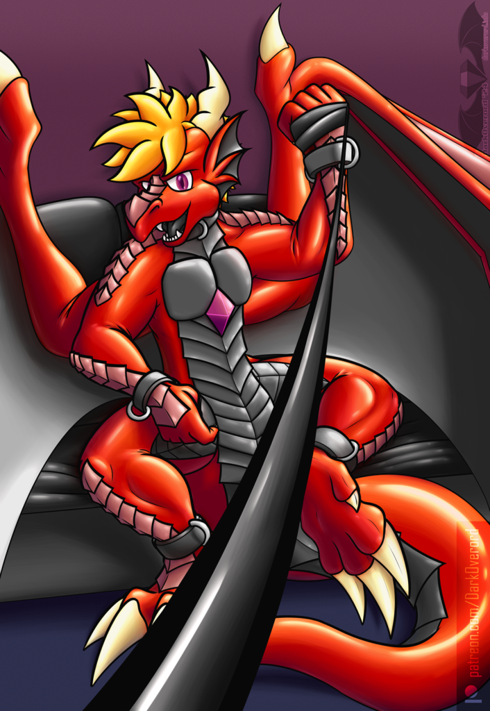 A red rubber dragon holding a leash implied to be connected to the viewer as it assertively looks at the viewer. It has its left paw up a little to show the sole of it, however it's pointing at its null crotch.