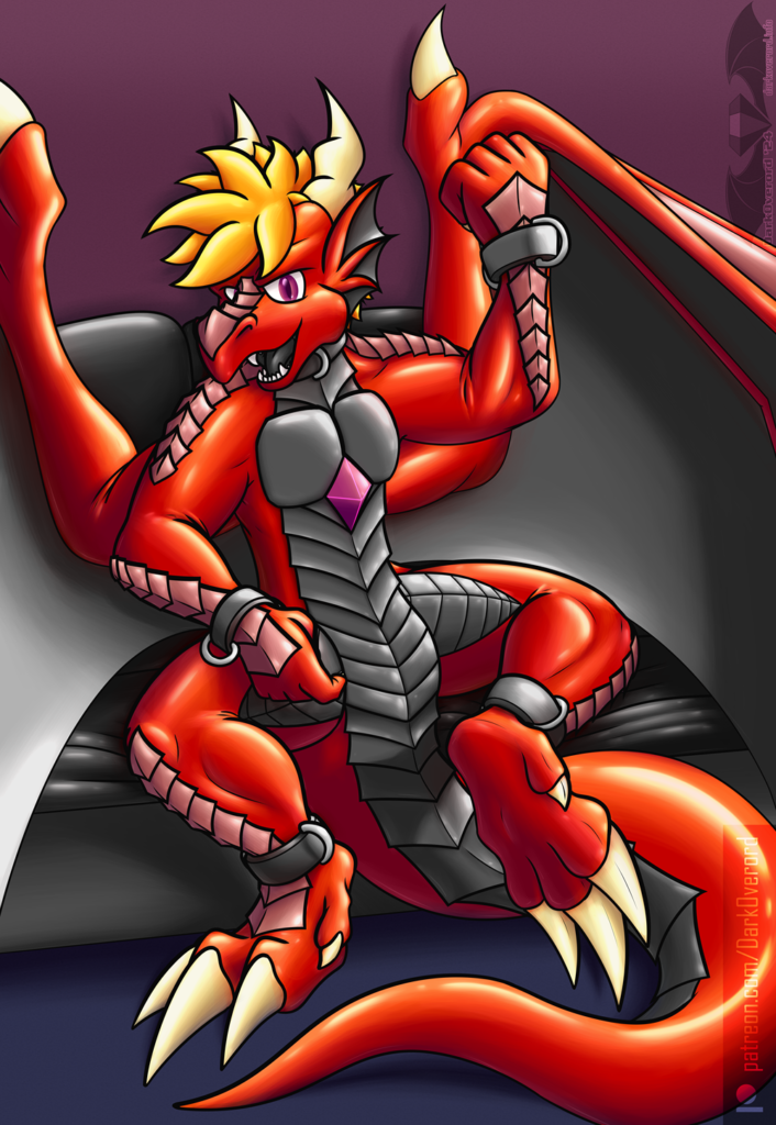 A red rubber dragon looking assertively looks at the viewer. It has its left paw up a little to show the sole of it, however it's pointing at its null crotch.