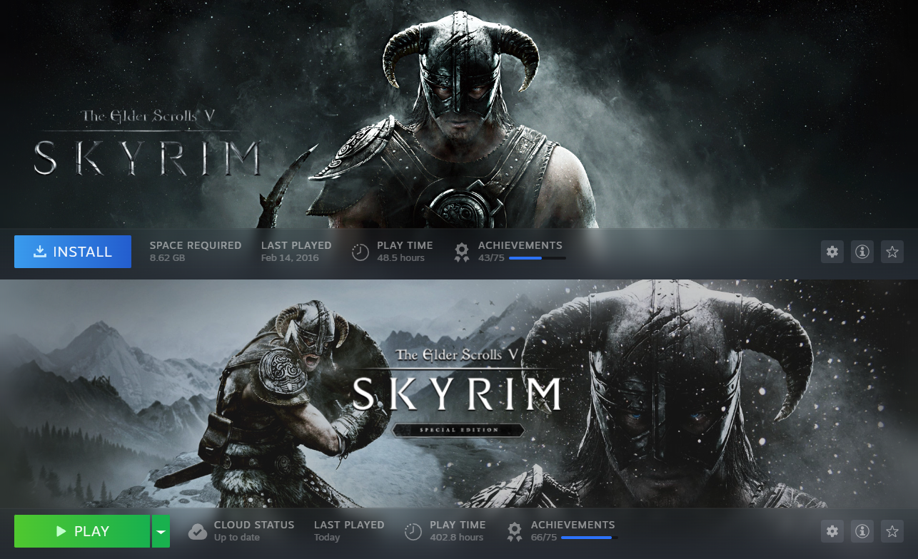 A screenshot of the Steam library banners for both the original and special editions of Skyrim, showing approx 450 hours between them both.