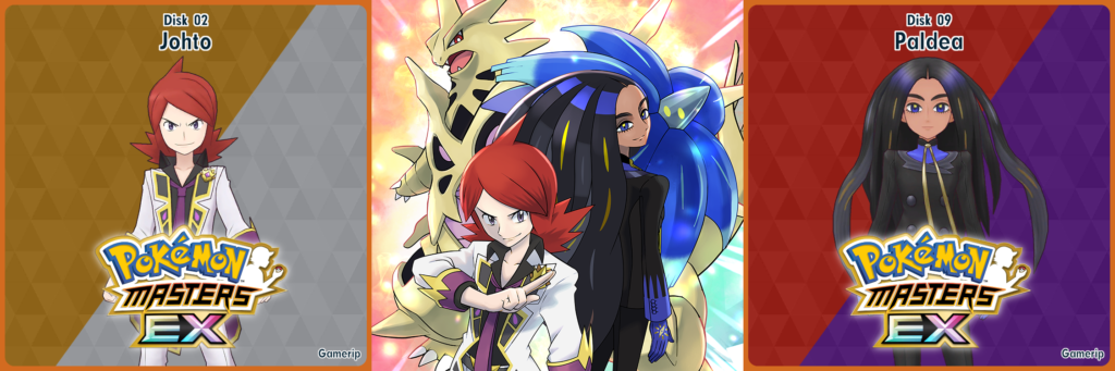 Mocked up album art for the Pokémon Masters EX Gamerip OST as well as an official art piece, from left to right: Johto with art of Neo Champion Silver, the middle being key art from the 4.5 anniversary event, then Paldea with Geeta