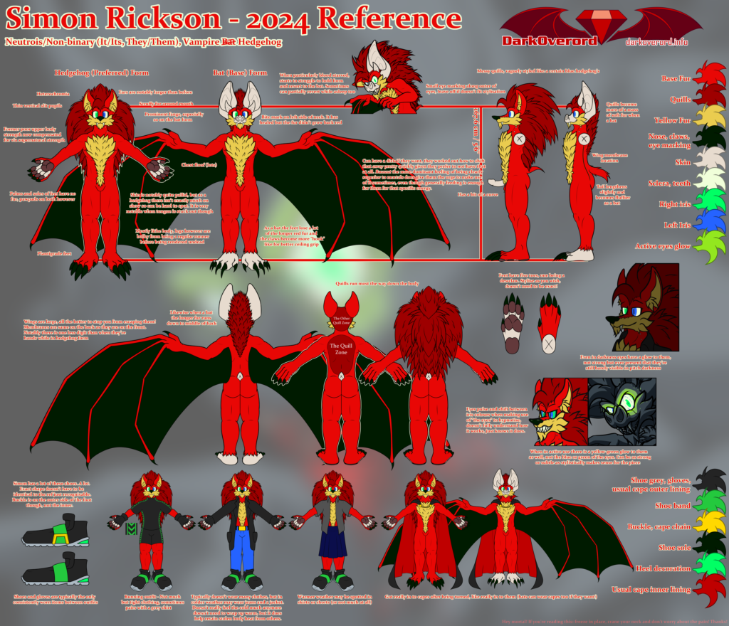 A NSFW character reference sheet for Simon Rickson, a red anthropomorphic hedgehog vampire