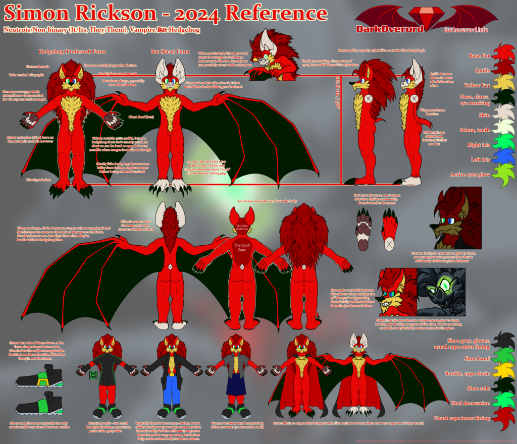 A character reference sheet for Simon Rickson, a red anthropomorphic hedgehog vampire
