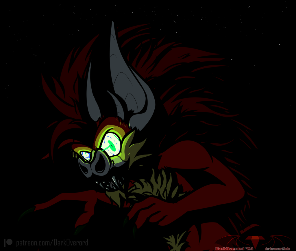A partially transformed vampire hedgehog/bat looking at the viewer with bright glowing eyes while the rest of them is barely visible