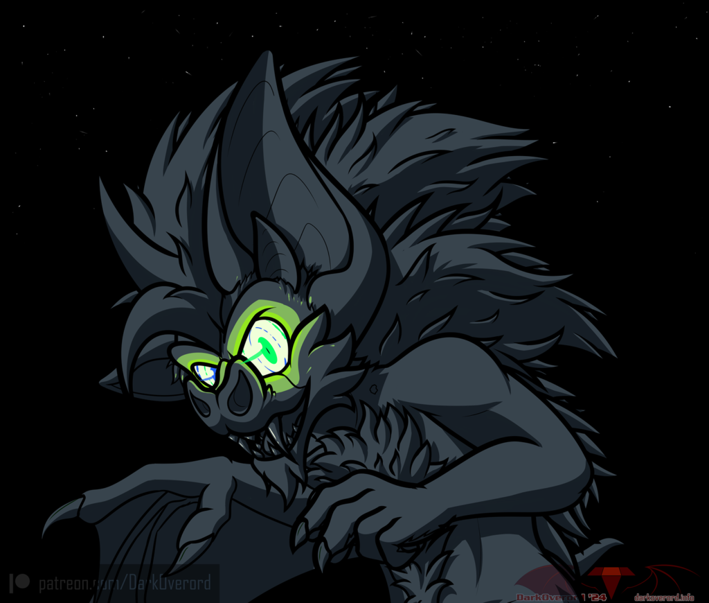 A partially transformed vampire hedgehog/bat looking at the viewer with bright glowing eyes. They are in greycale