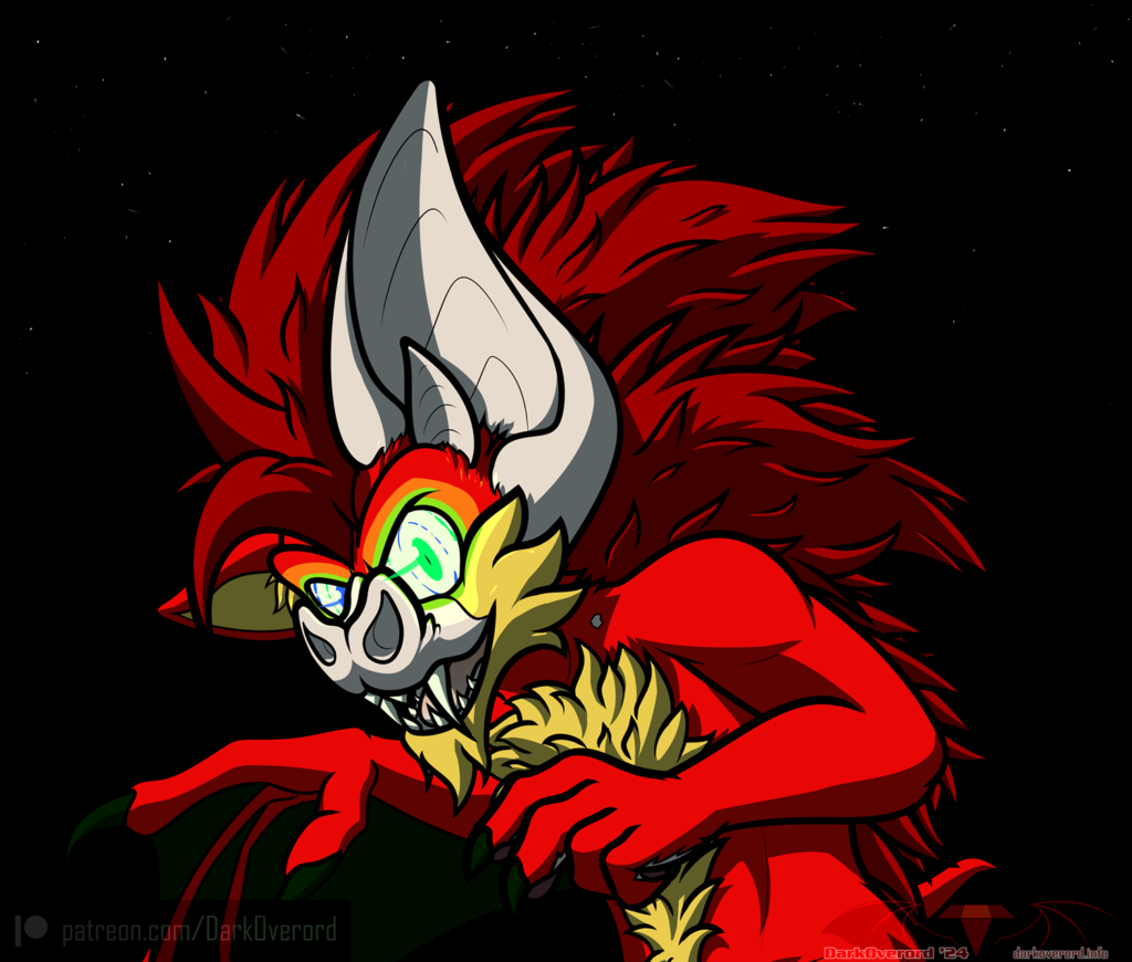 A partially transformed vampire hedgehog/bat looking at the viewer with bright glowing eyes