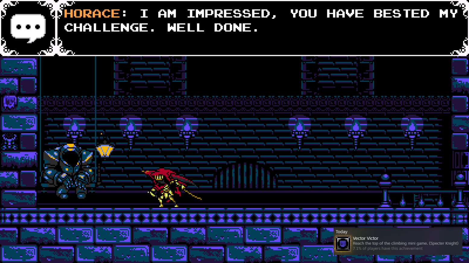 A screenshot of Shove Knight: Specter of Torment, the player talking to Horace after beating the tower challenge