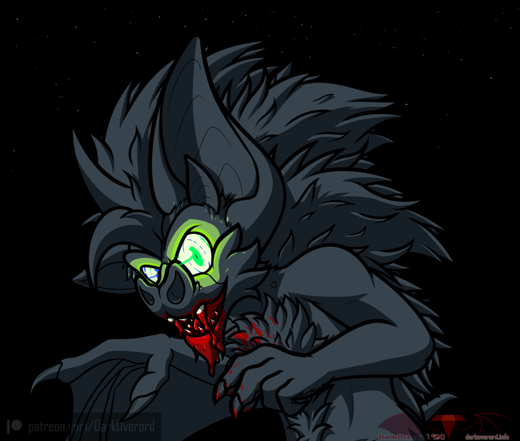 A partially transformed vampire hedgehog/bat looking at the viewer with bright glowing eyes while the rest of them is barely visible Blood drips from their fangs with a mess of blood over its chin, splattering a little on it's chest. They are in greycale